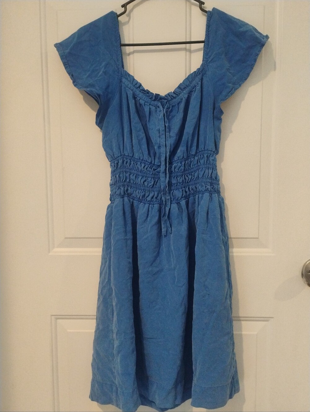 ZARA WOMAN Blue Smocked Waist Milkmaid Dress Boho Cap Sleeve Mini - Size XS